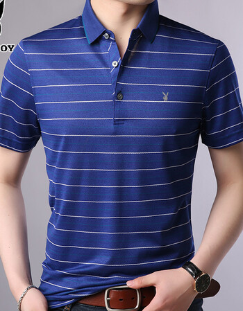 夏男士翻领短袖t恤桑蚕丝冰丝商务男装polo衫半袖条纹青 蓝色 180/xxl