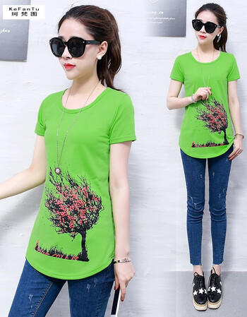 有带图案短轴短袖t恤夏装丅侐皿裇女学生韩版衣服修身夏天短衫土 绿色