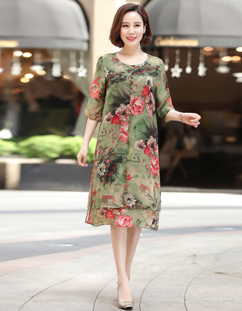 中老年妈妈装夏装短袖印花宽松中长款连衣裙中年女装雪纺过膝裙子