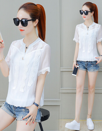 麦迪文短袖雪纺衫女新夏装女装韩版修身显瘦洋气夏遮肚子衣潮 白色 l