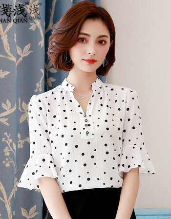 雪纺衫女短袖2018夏装新款碎花遮肚子衬衣花小衫五分中袖上衣女装夏