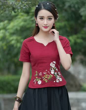 珂梵图民族风女装桃花刺绣短袖棉麻t恤修身短款文艺亚麻小衫半袖上衣