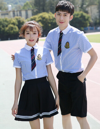 套装中学生班服韩版jk制服学生服 女蓝色条纹衬衫 黑色短裙 领带 l
