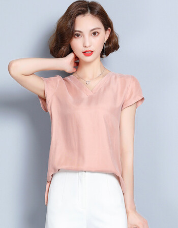 宽松真丝短袖t恤2018新款短款桑蚕丝上衣女 皮粉 xl【图片 价格 品牌