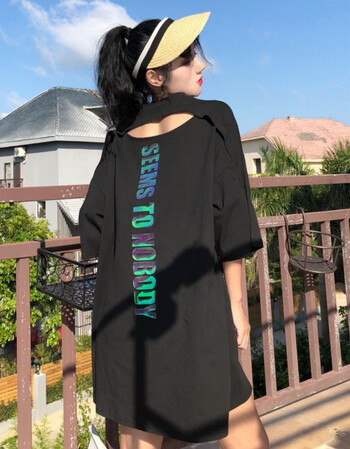 ulzzang破洞露背中长款原宿风嘻哈短袖t恤上衣学生hiphop女衣服潮