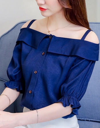 雪纺衫女夏装2018新款韩版宽松甜美小清新露肩吊带一字肩上衣 蓝色