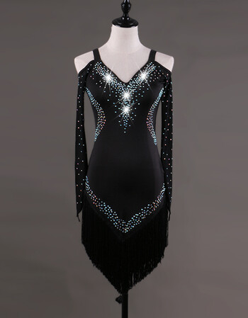 露肩长袖拉丁舞服装女新款比赛服女拉丁舞流苏表演连衣裙 黑色 s