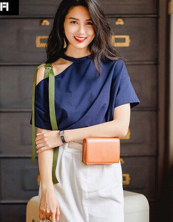 夏季新款女式短袖不规则藏蓝色百搭时尚潮露肩上衣恤 藏蓝 l