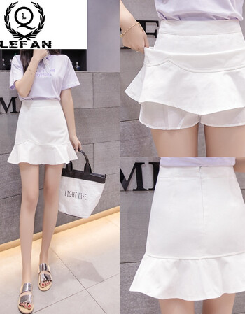裙子女夏2018新款牛仔裙鱼尾裙短裙荷叶边半身裙高腰a字包臀裙裤 白色