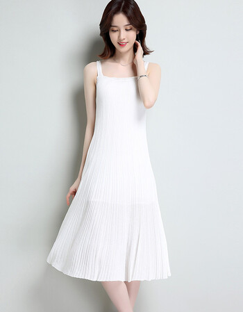 吊带裙女夏外穿2018新款中长款修身百褶一字肩无袖冰丝针织连衣裙