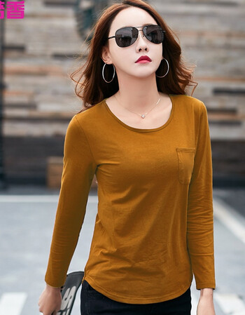 大码上衣2018春秋新款圆领棉t恤潮宽松长袖女装打底衫春夏装 浅棕色 m