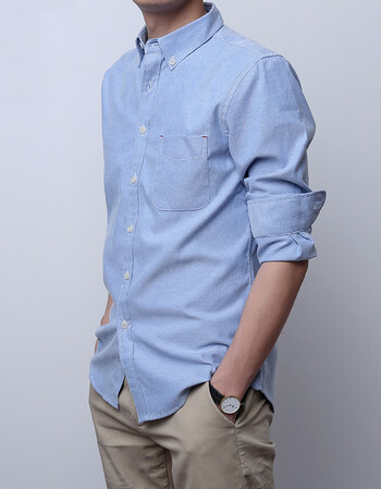 长袖衬衫男夏季牛津纺休闲修身学生个性潮流韩版帅气青年男士衬衣 浅