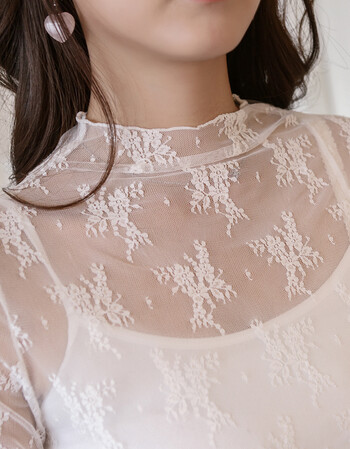 时尚内搭2017春装蕾丝衫春秋冬新款上衣长袖透明蕾丝打底衫女 白色