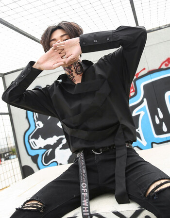 夜场夜店男装dj舞台演出服国潮个性飘带ins暗黑夏季长袖修身衬衫 黑色