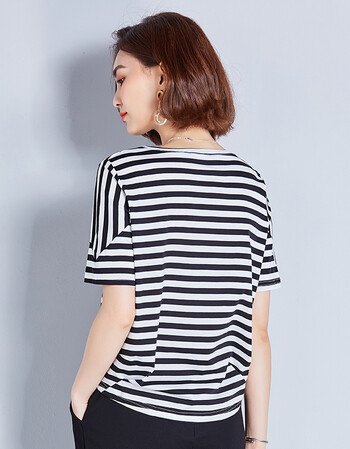 条纹t恤女纯棉短袖衣服女夏2018新款夏装韩版字母体恤宽松休闲 黑条纹