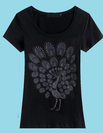 新款短袖孔雀开屏民族风女士t恤衫 黑色 xxl