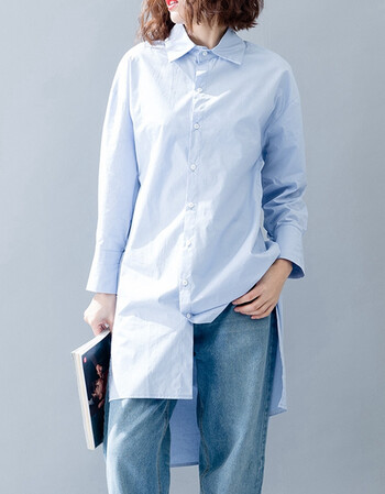 文艺范复古休闲中长款衬衣女 200斤胖mm大码宽松遮肉显瘦燕尾衬衫