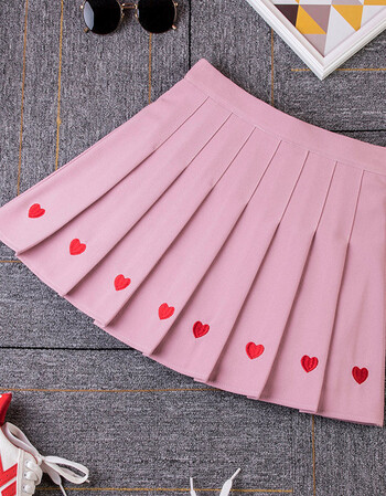 短裙女夏爱心刺绣小清新半身裙短裙a字款学院风高腰软妹百褶裙子 粉色