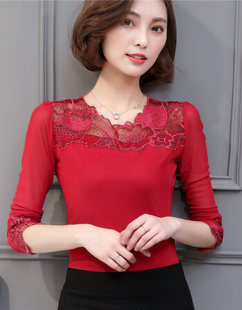 衫2018新款雪纺蕾丝衫时尚打底衫女士小衫长袖t恤网纱上衣服潮 红色 m