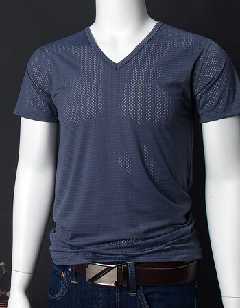 冰丝网眼t恤短袖男士夏季 v领镂空网纱透气速干大码半袖夏季 薄款