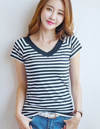 纯棉条纹短袖t恤女夏季2018新款v领全棉修身夏天半袖百搭显瘦体恤