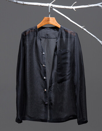 男装微中式单农原创设计无领真丝麻罩衫长袖衬衫上衣 黑色 s预定3天