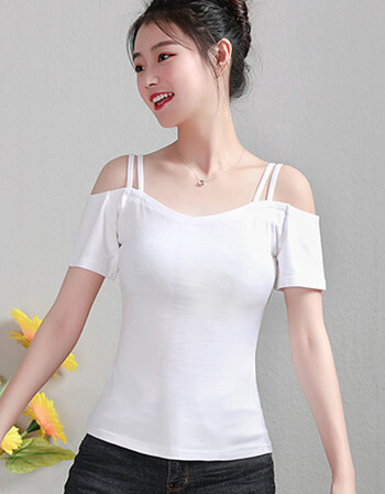 chic夏装2018韩版小清新一字肩吊带短袖t恤女一字领露肩甜美上衣 黑色