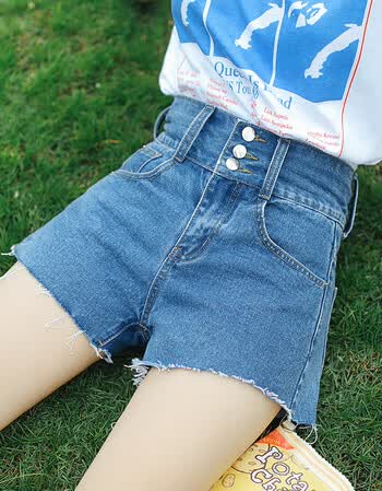 高腰排扣牛仔短裤女夏2018宽松chic潮原宿风阔腿热裤 浅蓝色 xl