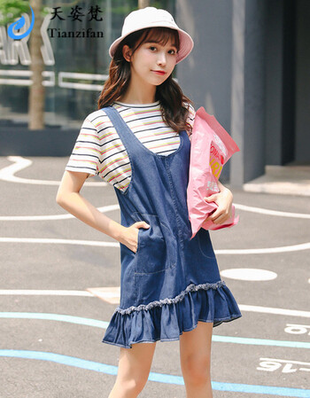 女生背带裙2018新款夏装初中学生韩版学院风宽松牛仔吊带连衣裙 蓝色