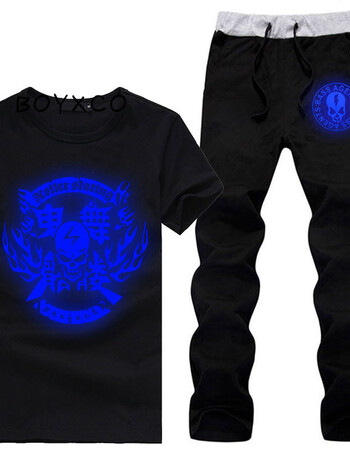 boyxco 夜光鬼步舞套装春夏装短袖卫衣套装男鬼舞步荧光衣服裤子整套