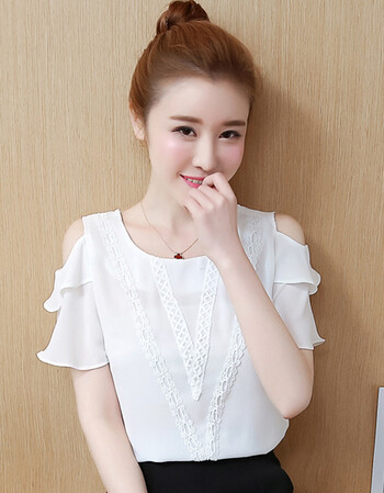 余今品牌短袖女2018新款韩版露肩衣服女夏季宽松雪纺上衣小衫女百搭