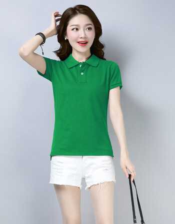 夏季新款女装t恤保罗衫修身翻领polo衫短袖女运动有领纯色上衣 绿色