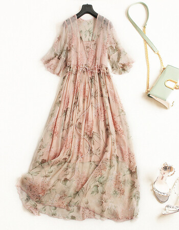 杭州真丝连衣裙长款女夏装2018新款气质收腰修身碎花桑蚕丝裙 浅粉花