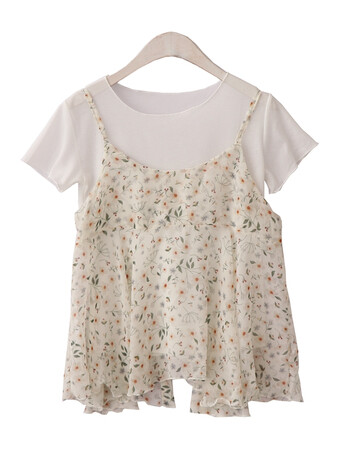 夏季新款背后蝴蝶结系带小清新碎花雪纺吊带短袖t恤两件套上衣女 白底