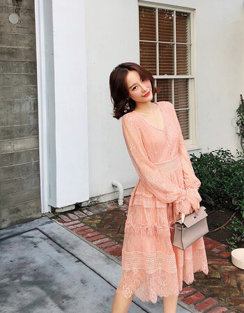 蕾丝连衣裙少女心仙女裙粉色高腰chic温柔裙超仙收腰长裙 粉色长袖