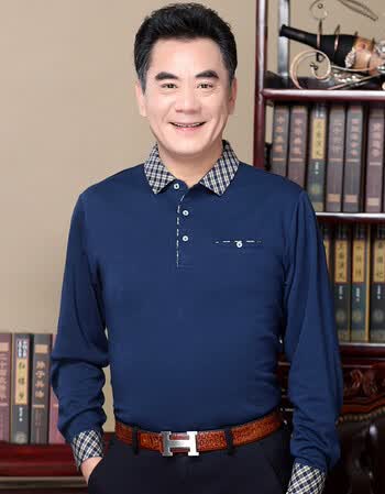 珂梵图2018春秋装中老年人翻领全棉t恤男士长袖汗衫加肥加大码老头 深