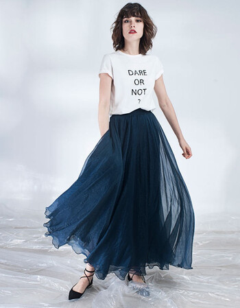 复古大摆雪纺半身裙 拖地裙荷叶边纱裙波西米亚长裙女 墨水蓝 六片裙
