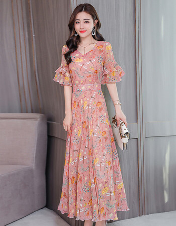 戴倩雯2018夏季新款a字裙碎花中长款喇叭袖印花雪纺连衣裙子女士长裙