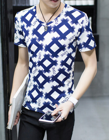 夏装男士个性圆领花t恤修身男短袖印花韩版冰丝花纹衣服半袖潮流 love