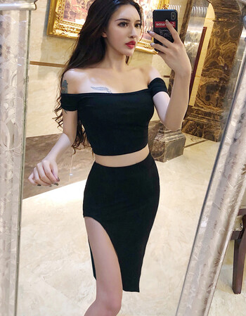 梵藜2018夏装新款主播走秀性感一字肩短款上衣高开叉包臀半身裙两件套