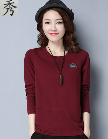 打底衫女长袖t恤女宽松2018时尚新款韩版百搭秋衣女上衣夏装 酒红色