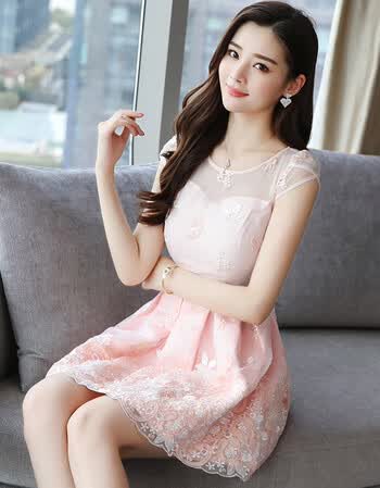 2018夏季新款女装韩版百搭小清新连衣裙修身显瘦网纱刺绣公主裙 桔粉