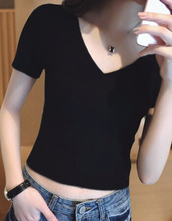 短款紧身高腰漏脐纯棉性感韩版露肚脐装 黑色【v领】 m