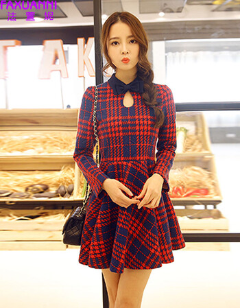 法萱妮 2015秋冬新款韩版修身显瘦长袖翻领格子连衣裙8930# 红格 l