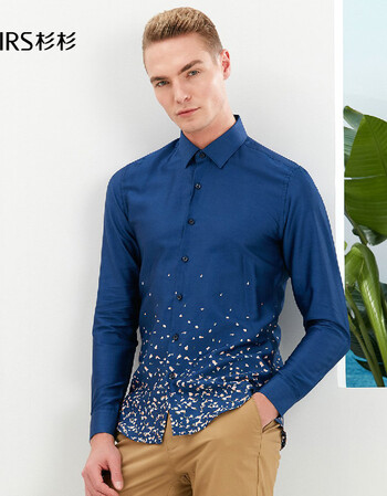 杉杉firs 韩版高支棉印花休闲男士衬衫衬衣男款长袖 蓝色 41