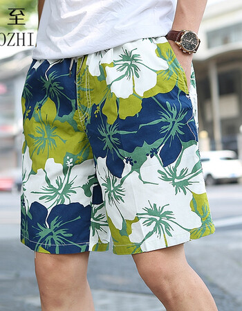 短裤男2018新款宽松大码沙滩裤男大花裤衩夏海边度五分短裤潮 绿花 6