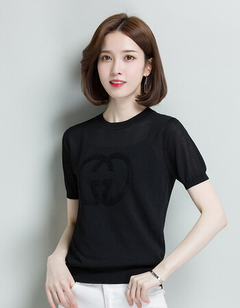 新款短袖针织衫女薄2018夏季韩版圆领镂空纯色短款t恤冰丝打底衫 黑色