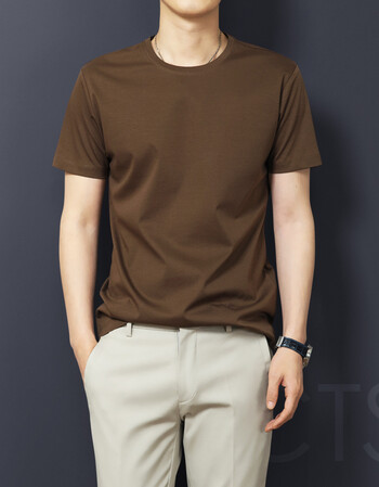 夏男士丝光棉短袖t恤冰丝纯色领恤中年圆领宽松纯棉爸爸男装 深棕色