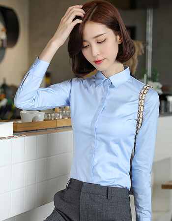 知有衬衫女长袖春装2018新款韩版百搭显瘦职业正装休闲白衬衣 浅蓝色