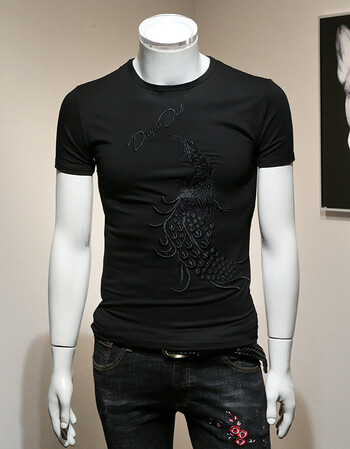 夏季时尚潮牌短袖t恤打底衫薄款孔雀刺绣短袖t恤圆领百搭体恤 黑色 m